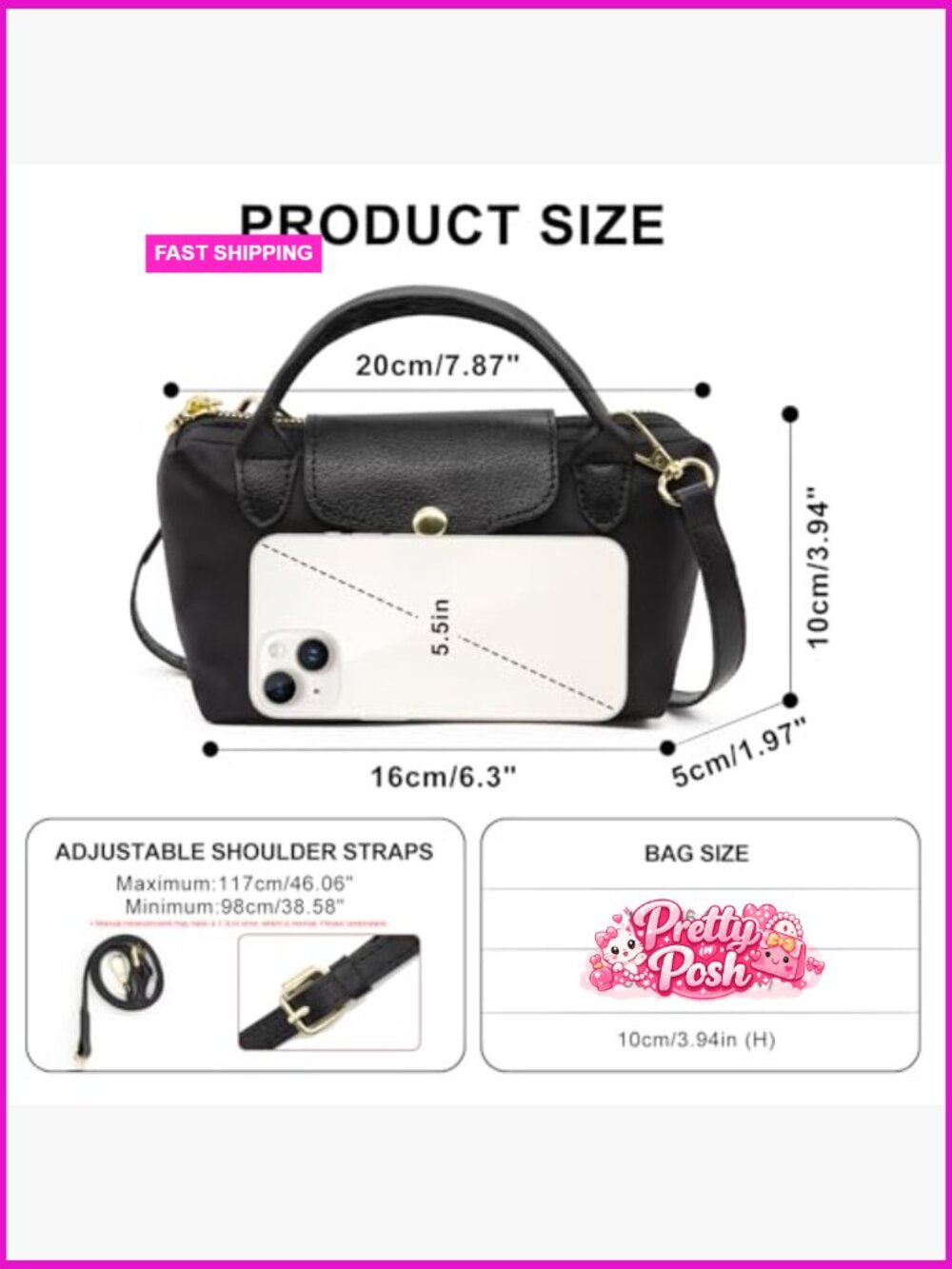 Mini Nylon Tote Crossbody Bag with Leather Trim Water-Resistant - Picture 3 of 7